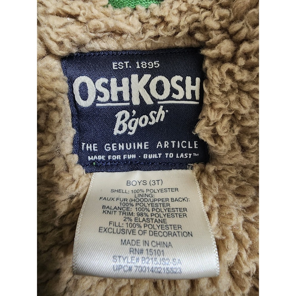 OshKosh Bgosh Boys Green Sherpa Lined Hooded Winter Puffer Parka Jacket 3T - Picture 2 of 8